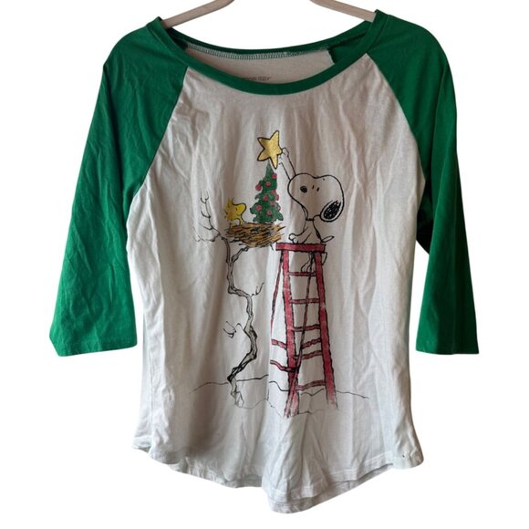 Peanuts Snoopy Christmas Raglan T-Shirt XL Cotton Blend Green White Used READ - Picture 1 of 7